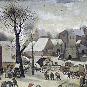 The Census at Bethlehem, detail of the houses and fortifications (oil on canvas)
