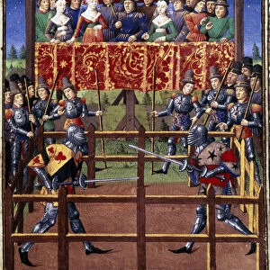 Ceremonies and ordinances as a pledge of battle: duel in closed field between two knights Miniature from a manuscript by Jean de Rolin (15th century) 1460 Paris, B. N