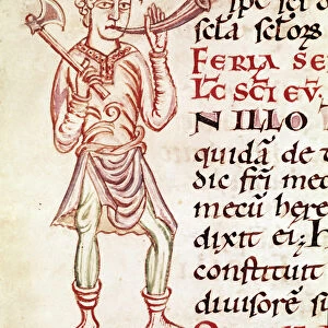 Character with axe and horn. Miniature in Lectionaire de la cathedrale de Reims