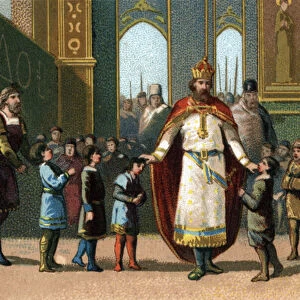 Charlemagne, King of France from 768 to 814 founder of the school supervises the classes