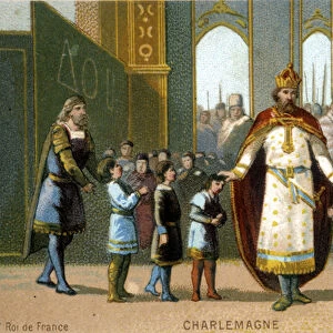 Charlemagne visits a school - chromolithography of the 19th century