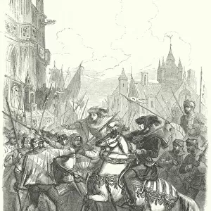 Charles the Bold, Duke of Burgundy, confronted by a riot on his entry into Ghent, 1467 (engraving)
