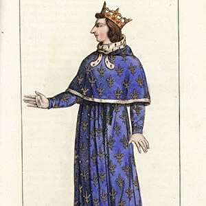 Charles V, the Wise, King of France, 1338-1380. He wears a crown, blue simar with gold fleurs de liys, lined with ermine, and red shoes. From a miniature in a manuscript of Froissarts Chronicles