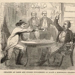 Cheating at cards and sudden punishment on board a Mississippi steamboat (engraving)