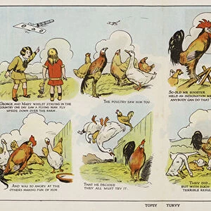 Chickens trying to emulate an aeroplane in flight with unfortunate consequences (colour litho)