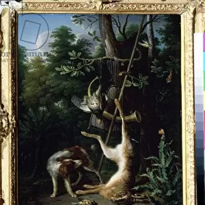 "Chien de chasse et gibier a plumes"(Dog and game birds) Peinture de Peter Gysels (1621-1691) 17eme siecle. Musee Pouchkine, Moscou