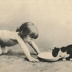 Child with a kitten (b / w photo)