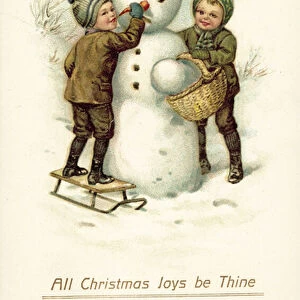 Two children making a snowman (colour litho)