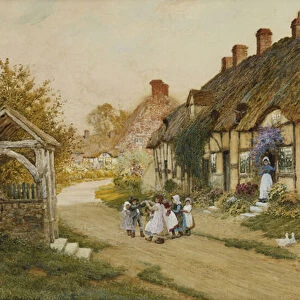 Children Playing Outside a Cottage in a Village, (watercolour heightened with white