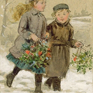 Children Playing in the Snow - Collecting Holly (w / c heightened with white on paper