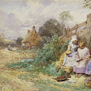 Children Reading Beside a Country Lane, (pencil and watercolour heightened with white)