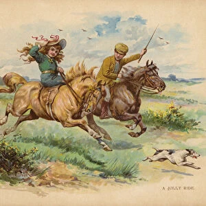 Children riding horses (colour litho)