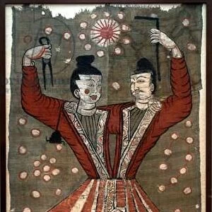 Chinese mythological figures Fuxi and Nuwa, 7th century AD (painting on silk)
