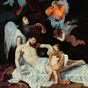Christ at the foot of the cross, mourned by the Virgin and angels (oil on canvas)