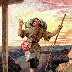 "Christian, the pilgrim of the title, in sight of the Cross", 1844 (chromolithograph)