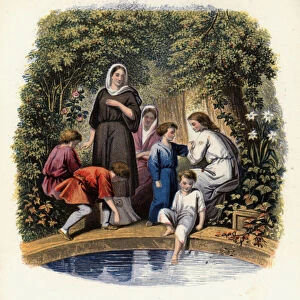 Christiana and the pilgrims at the bath of sanctification, an illustration from from The Pilgrims Progress by John Bunyan (colour litho)