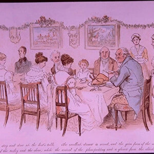 Christmas dinner, 1885 (hand-coloured etching)
