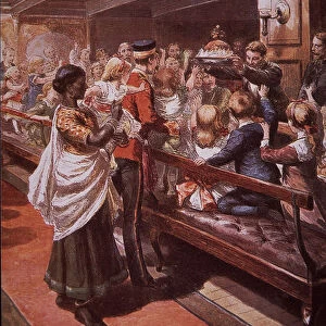 Christmas dinner on British troopship bound for England from India, 1871 (hand-coloured etching)