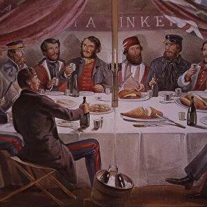 Christmas dinner during Crimean War, British and allied officers before Sebastopol, 1855 (colour litho)
