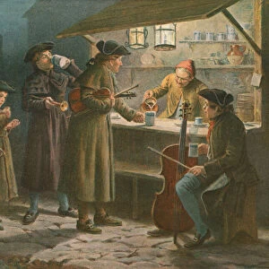 The Christmas Waits Refreshing at a Night Stall (colour litho)