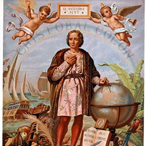 Christopher Columbus. On the left, portrait of Isabella the Catholic