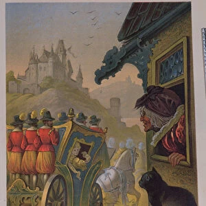 Cinderella leaving for the ball in a coach, illustration for Cinderella