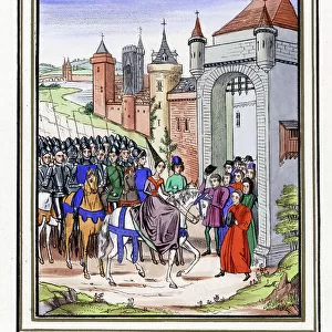 The city of Bristol (England) surrendering against the troops of Queen Isabelle of France (Isabelle de Valois) (1389-1409), during the invasion of England in 1326 - Lithography after the enluminated manuscript of the Chronicles (1322 to 1400)