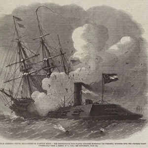 The Civil War in America, Naval Engagement in Hampton Roads, the Confederate Iron-Plated Steamer Merrimac (or Virginia) running into the Federal Sloop Cumberland (engraving)