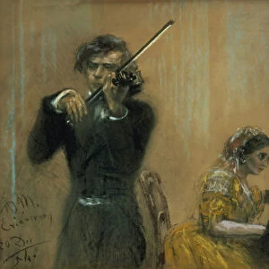 Clara Schumann (1819-96) and Joseph Joachim in concert, 1854 (pastel on paper)