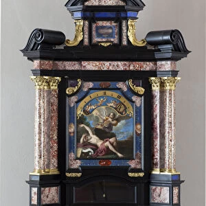 Clock with representation of st Jerome hearing at the trumpet of last judgment Painting