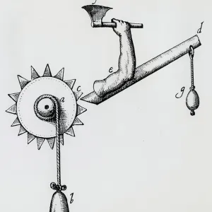 Clockwork driven mechanical axe. Engraving 1617 Clockwork driven mechanical axe. Engraving 1617