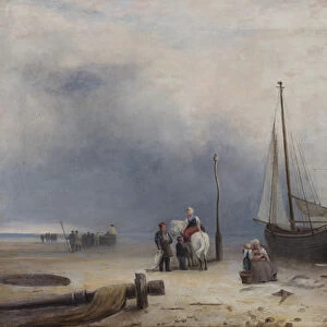 Coast Scene with Boats and Figures (oil on canvas)