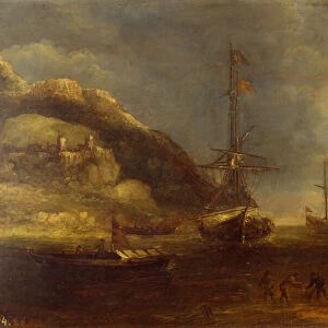 Coastal View with Shipping and Fishermen in the Foreground (oil on panel)
