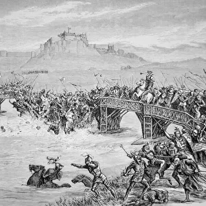 The collapse of the bridge during the Battle of Stirling Bridge, in 1297