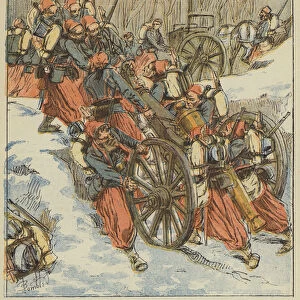 Combat de Chilleurs-aux-Bois, Les zouaves retirent deux pieces de 12 d un fosse, sous le feu des Prussiens (colour litho)