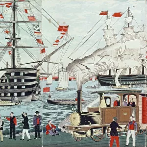 Commodore Perry's Gift of a Railway to the Japanese in 1853 (woodblock print)