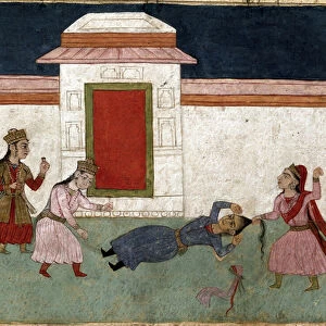 Two concubines fighting in a harem, the favorite grabs her rivals hair. (miniature)