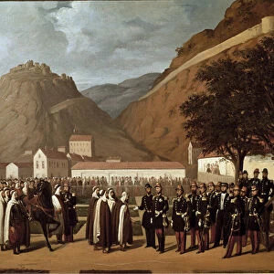 Conquete of Algeria (1830-1847): the submission of Abd el Kader (Abd-el-Kader or ibn Muhyi al-Din al-Hasani (al Din al-Hasani) (1808-1883) to the Duke of Aumale and the French Armee on 24 / 12 / 1847 - Painting by Regis Augustin (1813-1880)