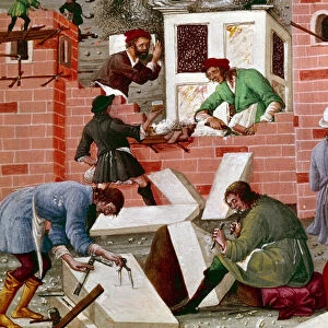 Construction of the city of Rome, detail. The workers are active in the task: Macons, Stonemasons, bearers, marble (marble) and cement (preparing cement) at work. Miniature in "Romuleon