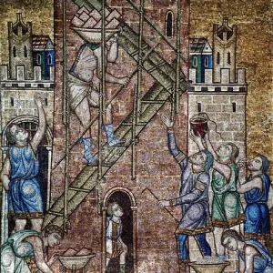 The construction of the tower of Babel. On the site, the workers macons