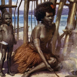 Cooking the Meal, British New Guinea (colour litho)