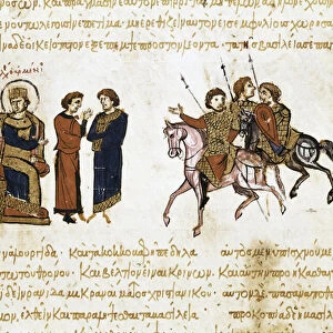 The coronation of the Byzantine Emperor Leon V the Armenian (775-820), miniature from "Synopsis historiarum", c. 1126-1150, 12th century (illuminated manuscript)