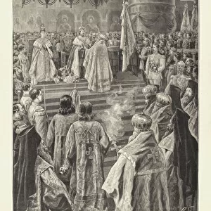 Coronation of Tsar Nicholas II of Russia: the Tsar receiving the Imperial Sceptre in the Cathedral of the Assumption, Moscow, 1896 (engraving)