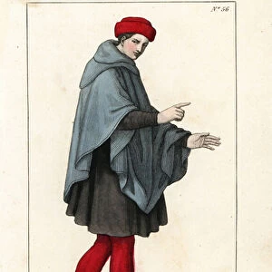 Costume of a common man, 12th century. He wears a hat, a hooded short cape, tunic, stockings and boots. Handcoloured copperplate drawn and engraved by Leopold Massard from "French Costumes from KingClovis to Our Days, "Massard