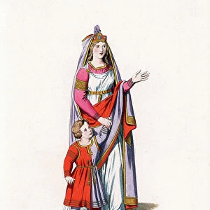 Costume of a woman of the nobility of Venice (Italy), accompanied by her child, 13th century - Noblewoman of Venice, 13th century - She wears a red hat decorated with gold and gemstones, a violet cape tied at the head