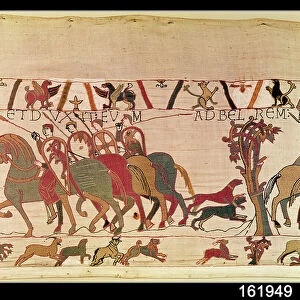 Count Guy of Ponthieu's soldiers take Harold prisoner to Beaurain, Bayeux Tapestry (wool embroidery on linen)