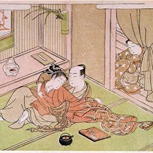 Couple caressing under the gaze of the handmaid Japanese print by Utamaro Kitagawa