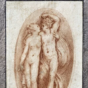 Couple embraces. Drawing a la sanguine by Pietro Buonaccorsi (1500-1546 / 47