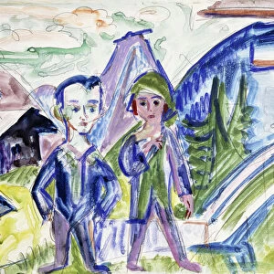 Couple in a Landscape (recto) Pferd and Karren (verso), 1919