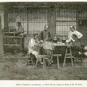 The craftsmen of a cloisonne workshop in Pekin. Engraving after a photograph of M